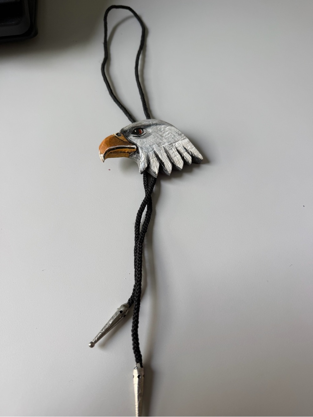 Vintage 1993 Hand Carved Painted Wood Bald Eagle Western Bolo Tie Silver Tone OS